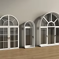 White Arched Window Designs With Glass Panels In Various Sizes On Wooden Floor