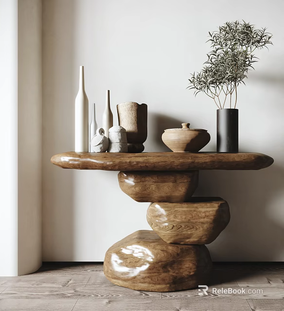 Natural Style Console Table With Wooden Top Stone Base And Decorative Vases Plants 3d model 
