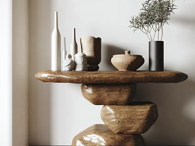 Natural Style Console Table With Wooden Top Stone Base And Decorative Vases Plants 3d model