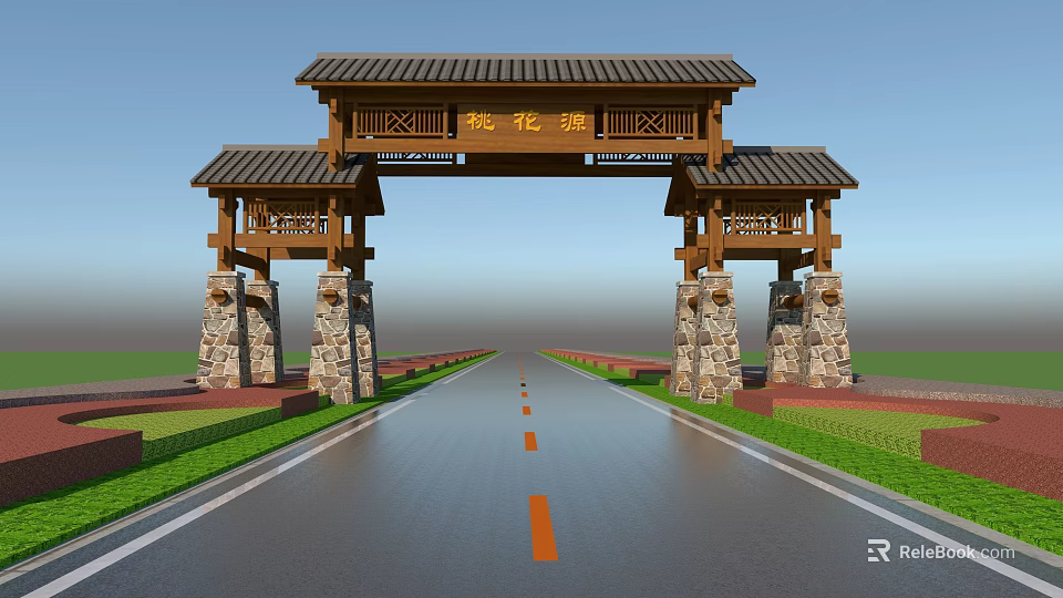 Traditional Chinese Archway Wooden Structure With Stone Pillars And Roof Design For Taohuawu Entrance 3d model 