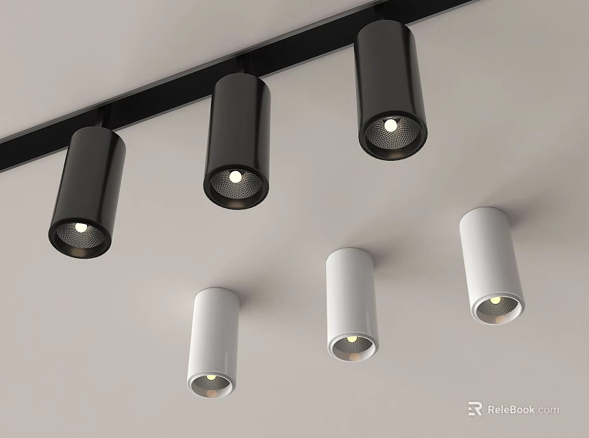 Modern Downlights and Spotlights in Black and White Design Installed on Ceiling with Illuminated Lamps 3d model 