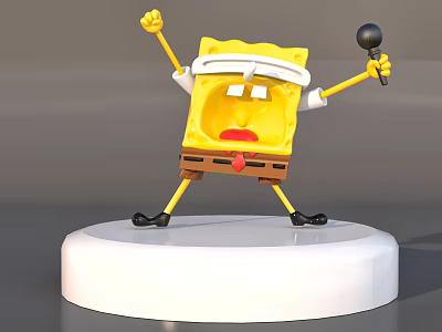 SpongeBob SquarePants Yellow Cartoon Sculpture With Microphone And Raised Fist On White Pedestal Performing Pose 3d model