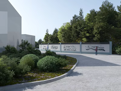 Modern Outdoor Landscape With Buildings Trees Green Plants Paved Pathway And Display Wall 3d model