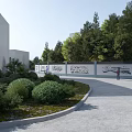 Modern Outdoor Landscape With Buildings Trees Green Plants Paved Pathway And Display Wall