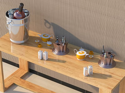 Wooden Table Display Of Tea Set Teapot Teacups Metal Holders And Salt Pepper Shakers 3d model