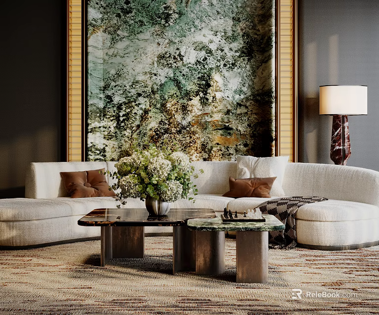 Luxury Sofa Coffee Table Set White Sofa Brown Cushions Green Abstract Painting Floor Lamp Carpet 3d model 