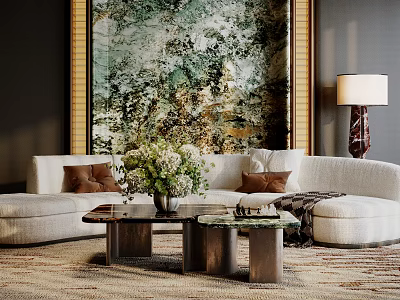 Luxury Sofa Coffee Table Set White Sofa Brown Cushions Green Abstract Painting Floor Lamp Carpet 3d model