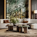 Luxury Sofa Coffee Table Set White Sofa Brown Cushions Green Abstract Painting Floor Lamp Carpet