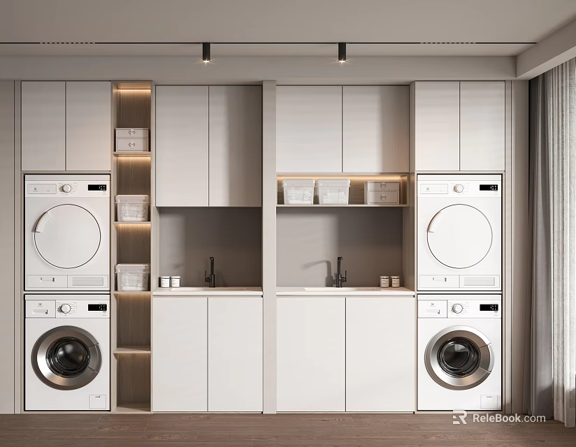 Sleek Modern Bathroom Cabinet Rack With White Cabinets Washing Machines Dryers And LED Lights 3d model 