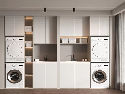 Sleek Modern Bathroom Cabinet Rack With White Cabinets Washing Machines Dryers And LED Lights 3d model