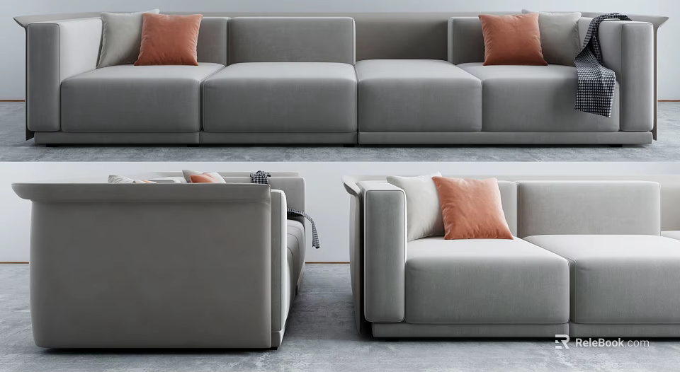Modern Grey Sectional Sofa With Orange Accent Pillows And Comfortable Seating Design 3d model