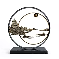Elegant Ornament Decor Set With Circular Frame Golden Bamboo Mountain Bird And Ginkgo Design