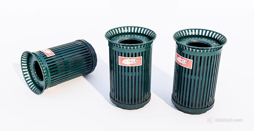 Green Public Trash Bins With Red Labels For Outdoor Areas 3d model 
