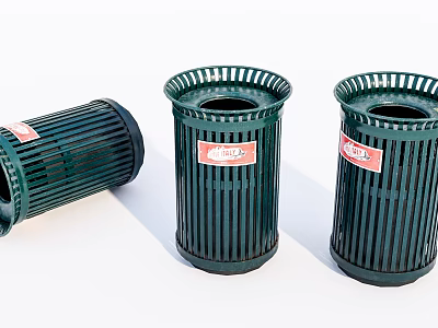 Green Public Trash Bins With Red Labels For Outdoor Areas 3d model