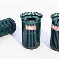 Green Public Trash Bins With Red Labels For Outdoor Areas