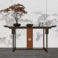 Traditional Chinese Console Table with Red Maple Bonsai Teapot and Decor Against Landscape Screen
