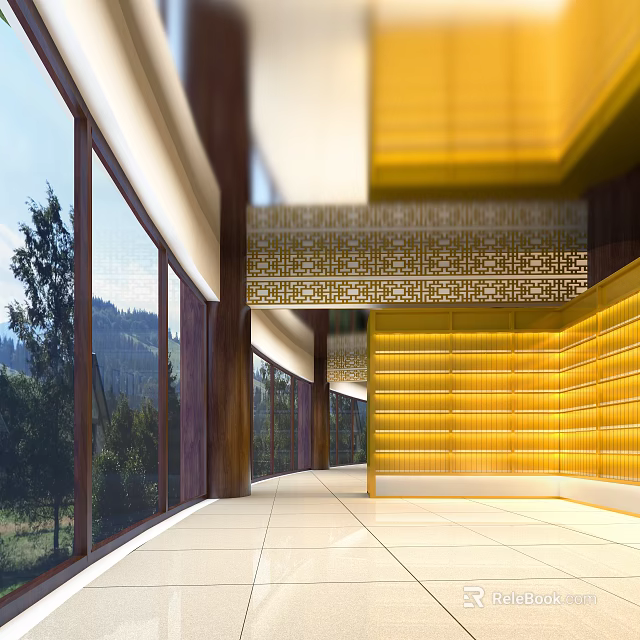 Serene Religious Sacred Space With Yellow Lattice Walls Large Glass Windows And Mountain Forest View 3d model 
