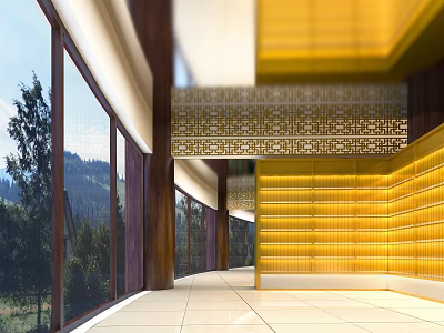 Serene Religious Sacred Space With Yellow Lattice Walls Large Glass Windows And Mountain Forest View 3d model