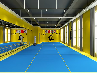 Kendo Training Gym With Blue Floor Yellow Walls Mirrors And Windows 3d model