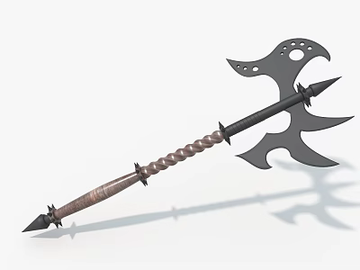 Medieval Battle Axe Weapon With Long Brown Braided Handle And Black Forked Blade 3d model