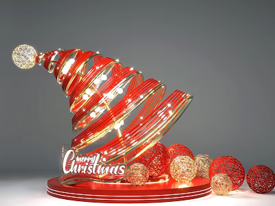 Red Spiral Christmas Art Installation With Decorative Balls Lights And Merry Christmas 3d model