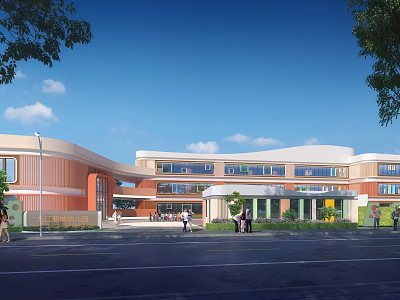 Modern School Building With Orange Exterior Large Windows Green Trees And Blue Sky 3d model