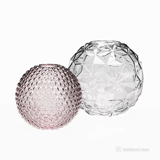 Spherical Decorative Ornament Set With Pink Bumpy Dots And Clear Geometric Cut Design 3d model