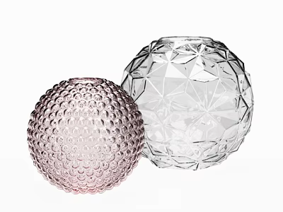 Spherical Decorative Ornament Set With Pink Bumpy Dots And Clear Geometric Cut Design 3d model