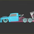 Blue Custom Modified Truck With Pink Engine Large Rear Spoiler And White Wheels