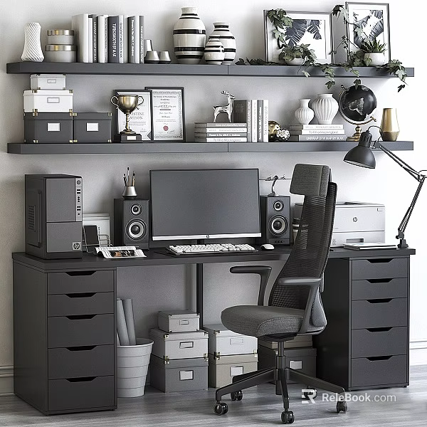 Modern Home Office Desk And Chair Set With Computer Monitor Desk Lamp And Decorative Shelves 3d model 