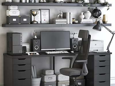 Modern Home Office Desk And Chair Set With Computer Monitor Desk Lamp And Decorative Shelves 3d model