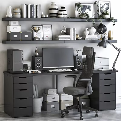 Modern Home Office Desk And Chair Set With Computer Monitor Desk Lamp And Decorative Shelves 3d model