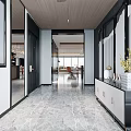 Modern Open Dining and Living Room Interior With Grey Sofa Marble Coffee Table And Chandelier