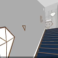 White Wall Corridor With Blue Carpeted Staircase Geometric Decorations And Number 2 Artworks