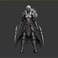Fantasy Armored Warrior With White Hair Horned Helmet And Dual Scimitars