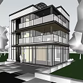Modern Detached Villa Featuring Two-Story Glass Design and Wooden Balconies Surrounded by Green Trees