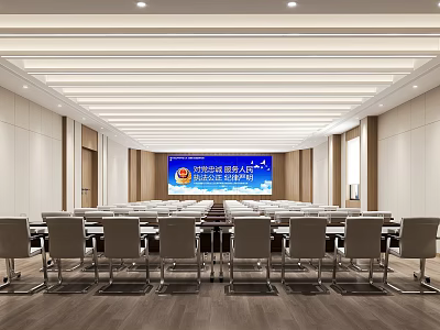 Modern Conference Room With Large Presentation Screen And Arranged Tables And Chairs 3d model