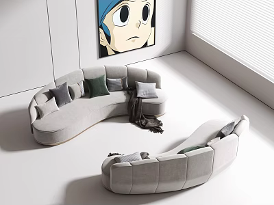 Light Gray Curved Sectional Sofa With Multiple Pillows In Modern Living Room Interior 3d model