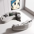 Light Gray Curved Sectional Sofa With Multiple Pillows In Modern Living Room Interior