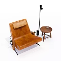 Modern Brown Leather Lounge Chair With Wooden Side Table And Floor Lamp