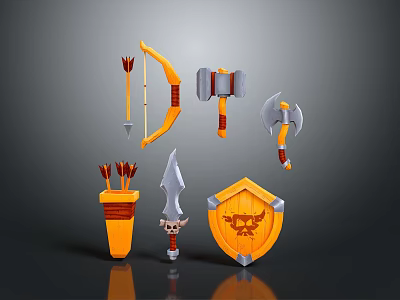 3D Modeled Weapons Set With Bow Arrow Hammer Axe Shield Dagger And Quiver 3d model