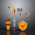 3D Modeled Weapons Set With Bow Arrow Hammer Axe Shield Dagger And Quiver