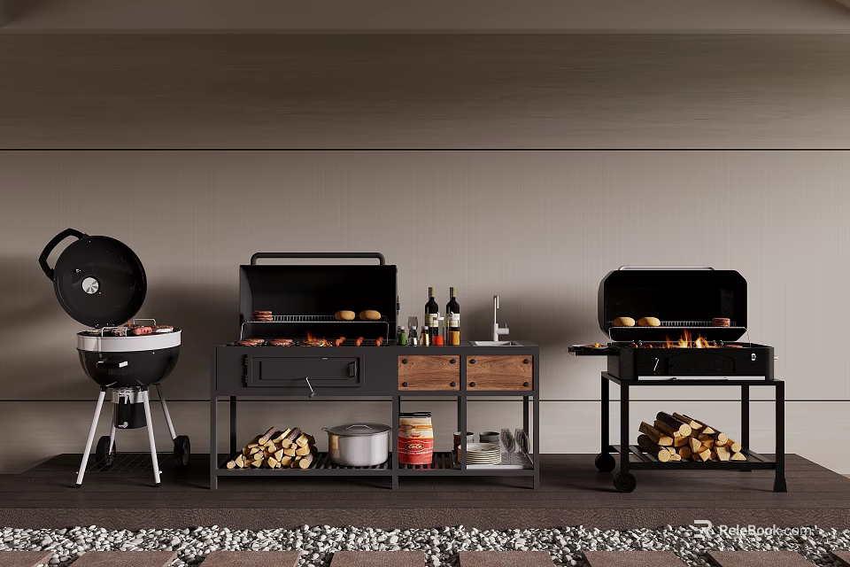 Outdoor Grilling Setup With Different Grills Grilled Burgers Firewood And Seasoning Bottles 3d model 