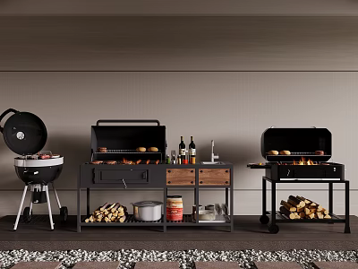Outdoor Grilling Setup With Different Grills Grilled Burgers Firewood And Seasoning Bottles 3d model