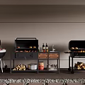 Outdoor Grilling Setup With Different Grills Grilled Burgers Firewood And Seasoning Bottles