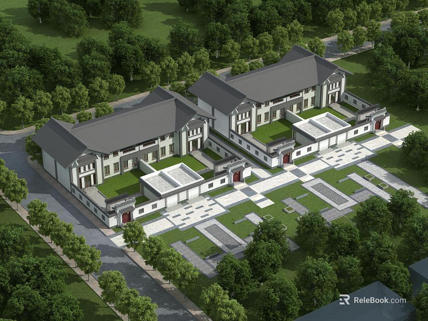 Traditional Chinese Style Twin Villas With Courtyards And Greenery 3d model 