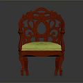 Red Carved Armchair With Yellow Cushion And Ornate Backrest Design