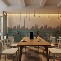 Modern Café Interior Design With Long Wooden Table Chairs Wall Decorations And Hanging Chandelier