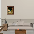 Warm Modern Sofa And Coffee Table Set With Beige Cushions Wooden Table And Wall Artwork