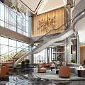 Elegant Double Story Hotel Lobby With Shimmering Ceiling Golden Pillars Modern Lighting And Marble Flooring